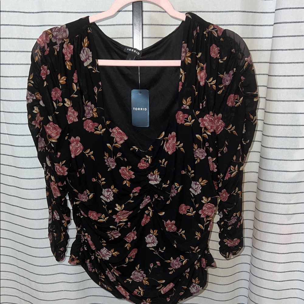 Torrid Black and Pink Floral Blouse